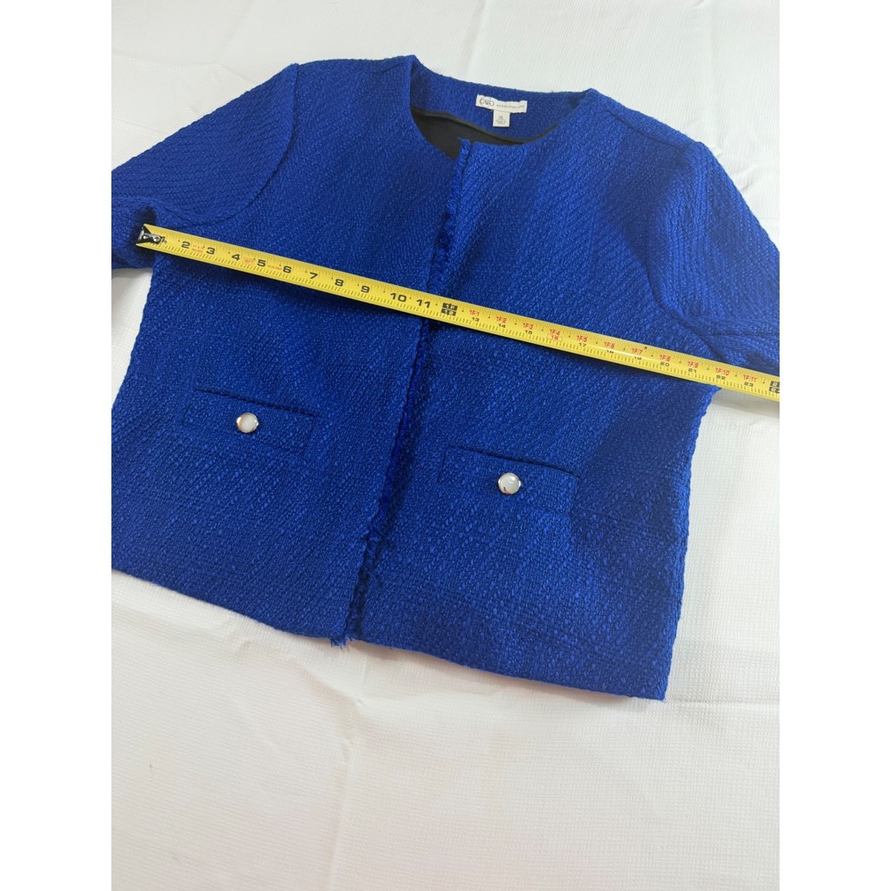 Cato Royal Blue Tweed Jacket Womens XL Open Front Frayed Trim Cropped Blazer - Picture 5 of 9